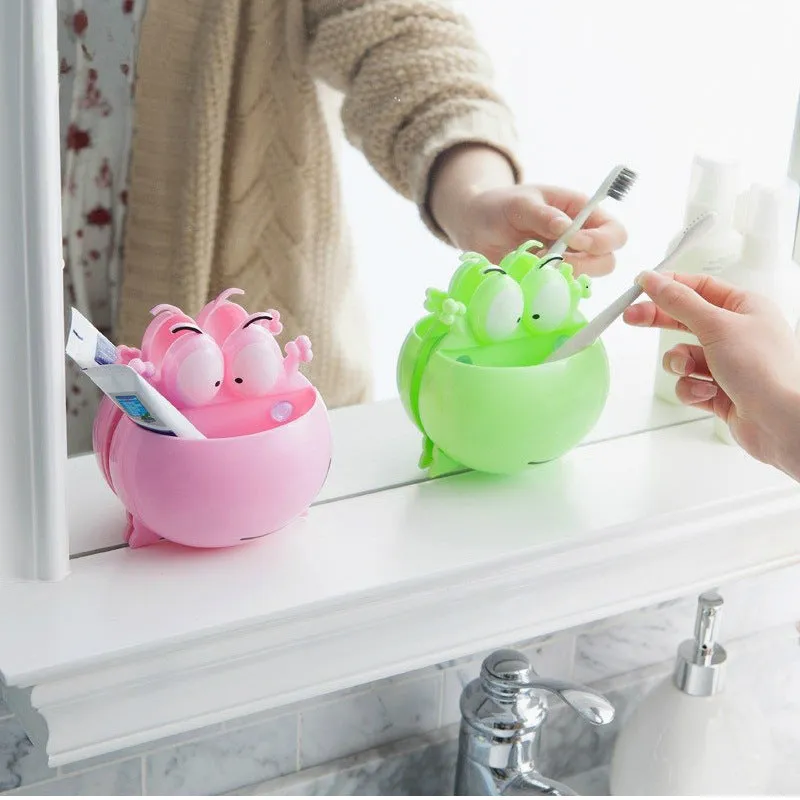 Wall Sucker Cute Cartoon Frog Plastic Toothbrush Rack Holder Bathroom Organizer