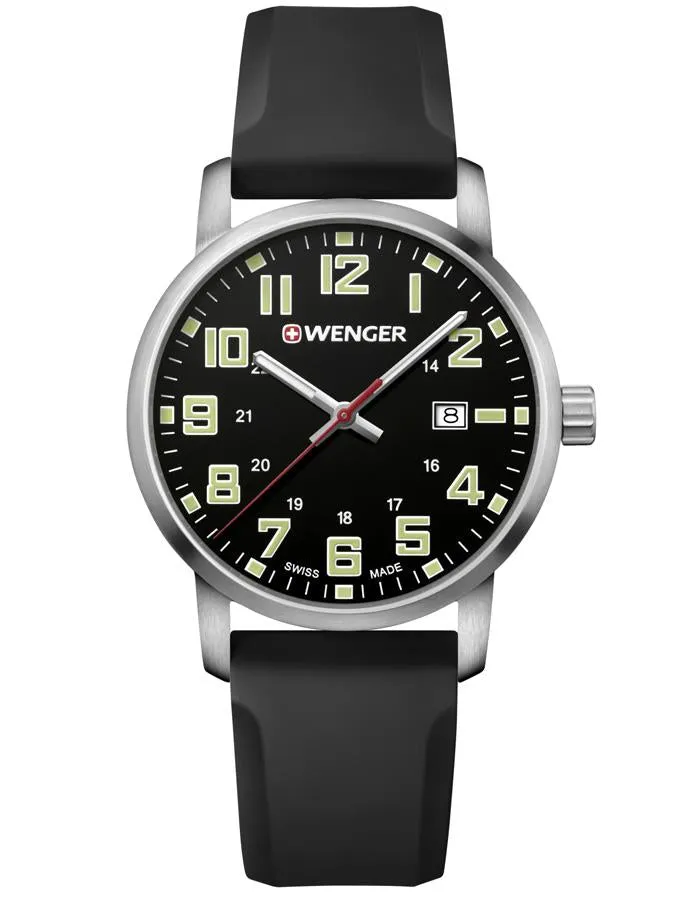 Wenger Mens Avenue Military Time Watch - Black Silicone Strap - Date Window