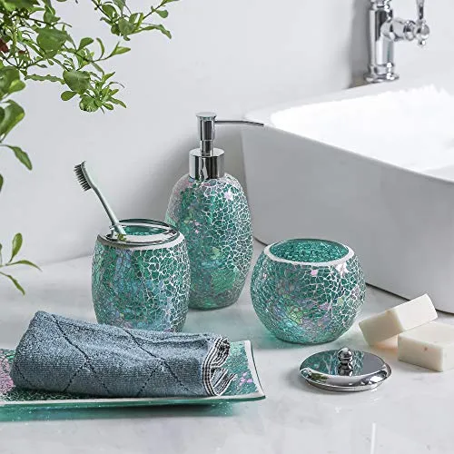 WHOLE HOUSEWARES 4-Piece Green Decorative Glass Bathroom Accessories Set, Soap Dispenser