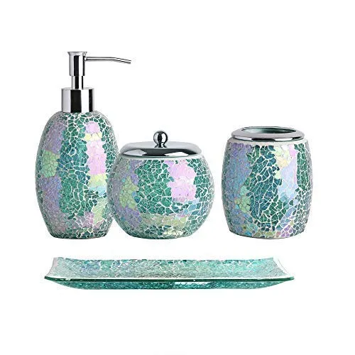 WHOLE HOUSEWARES 4-Piece Green Decorative Glass Bathroom Accessories Set, Soap Dispenser