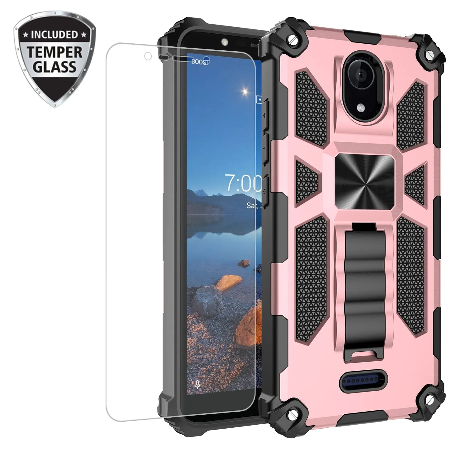 Wiko Ride 2 Case [Military Grade] Ring Car Mount Kickstand w/[Tempered Glass] Hybrid Hard PC Soft TPU Shockproof Protective Case - Rose Gold