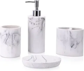 zccz Bathroom Accessory Set, 4 Pcs Marble Look Bathroom Vanity Countertop Accessory Set Bathroom Décor Accessories with Soap Dispenser, Toothbrush Holder, Bathroom Tumbler, Soap Dish