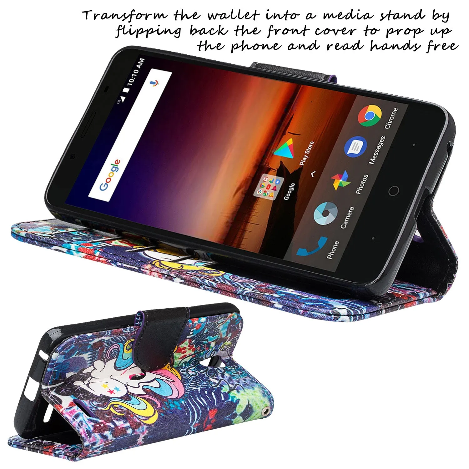 ZTE Majesty Pro, Majesty Pro Plus, Tempo Cover, Pu Leather Magnetic Fold[Kickstand] Wallet Case with ID & Card Slots - Rainbow Unicorn