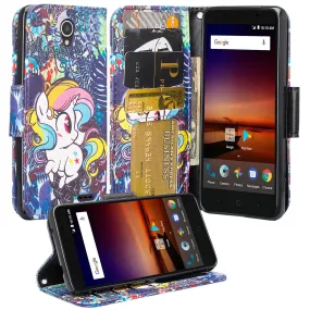 ZTE Majesty Pro, Majesty Pro Plus, Tempo Cover, Pu Leather Magnetic Fold[Kickstand] Wallet Case with ID & Card Slots - Rainbow Unicorn