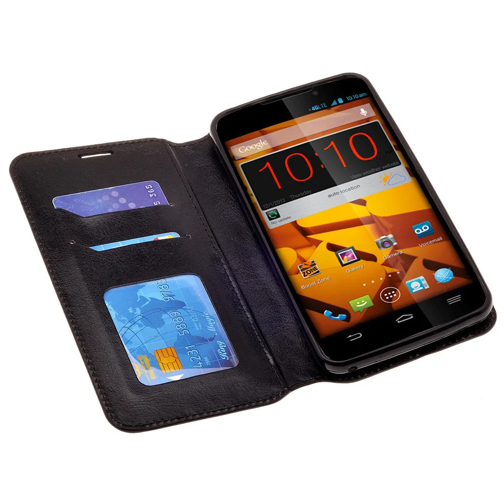 ZTE Max | N9520 | Boost Max Case, Wrist Strap Magnetic Fold[Kickstand] Pu Leather Wallet Case with ID & Credit Card Slots - Black