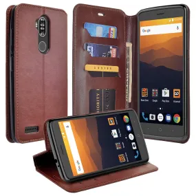 ZTE Max XL, ZTE Blade Max 3, ZTE Max Blue Case, Pu Leather Magnetic Fold[Kickstand] Wallet Cover with Card Slots - Brown