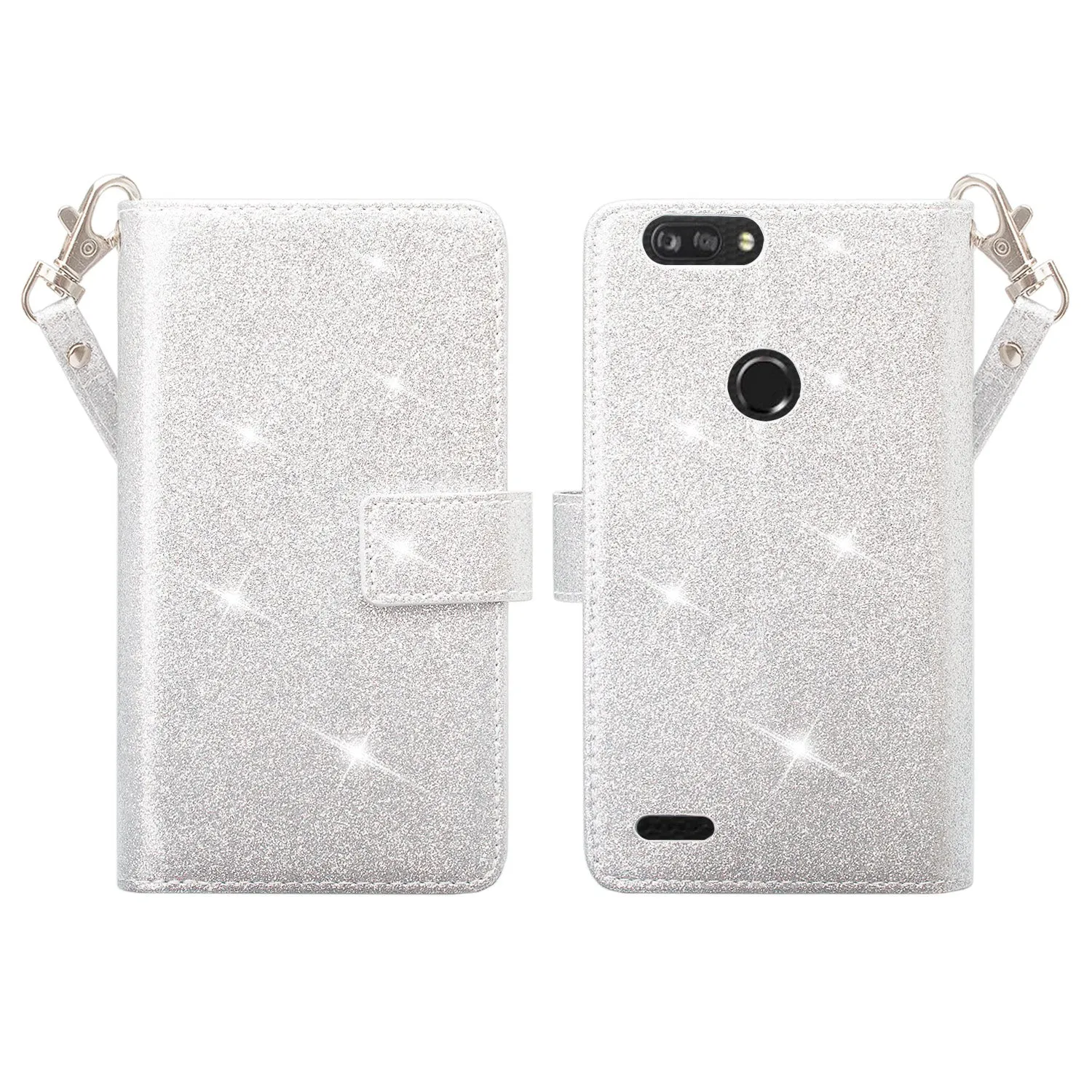 ZTE Sequoia Case, Blade Z Max, ZTE Z982 Case, [Wrist Strap] Glitter Faux Leather Flip [Kickstand Feature] Protective Wallet Case Clutch - Silver