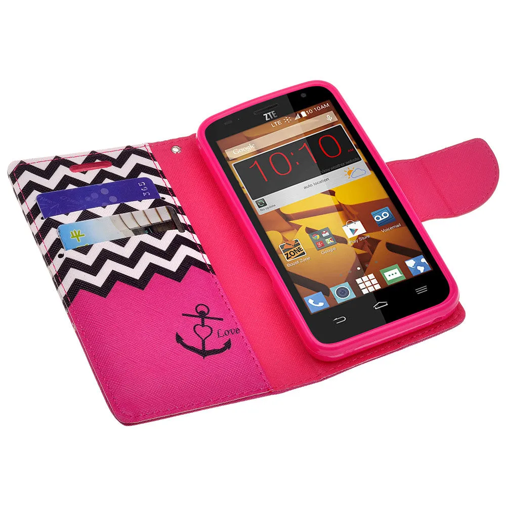 ZTE Speed Case | Maven | Atrium | Scend | Overture 2 | Fanfare Wrist Strap Magnetic Fold[Kickstand] Pu Leather Wallet Case with ID & Credit Card Slots for ZTE Speed - Hot Pink Anchor