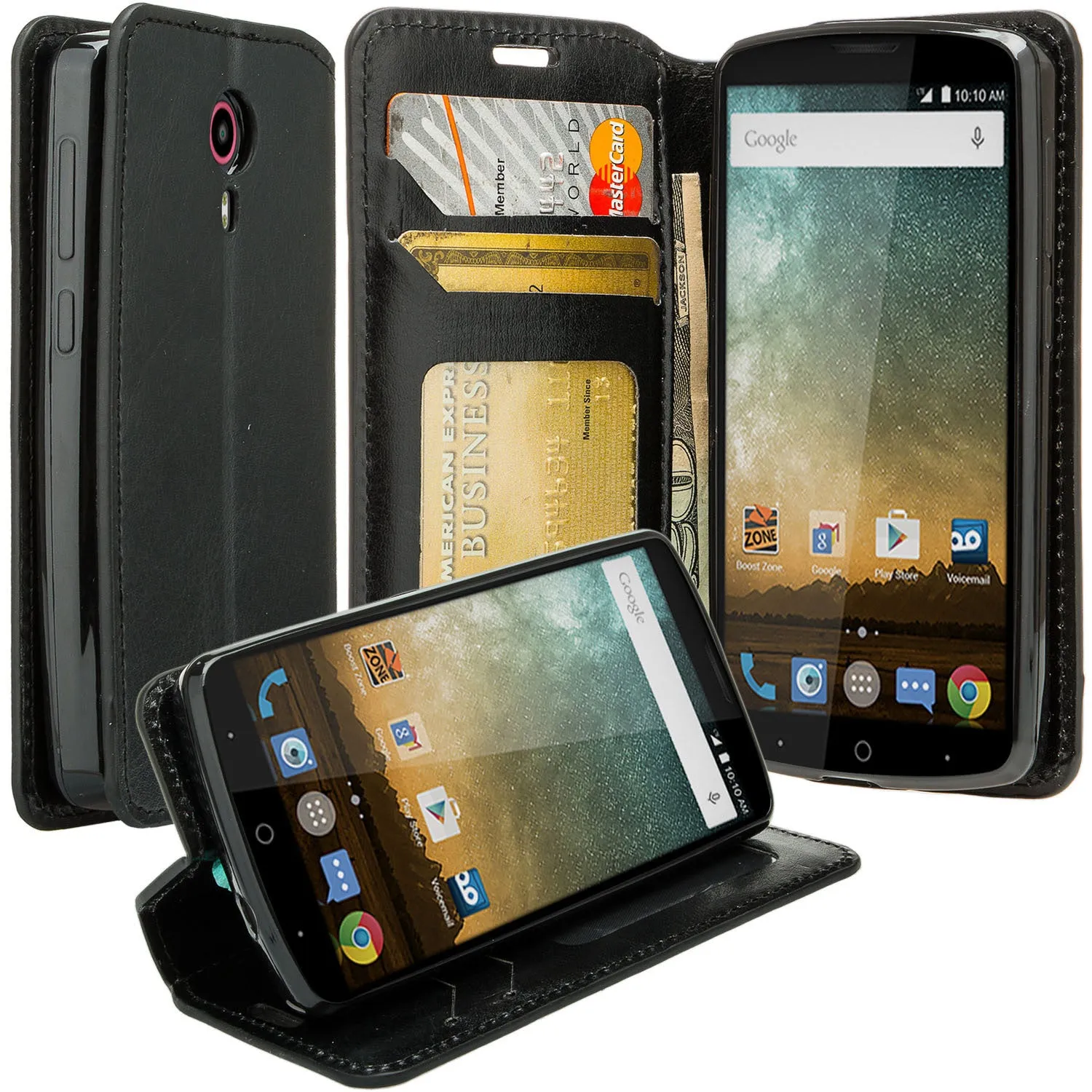 ZTE Ultra Case | ZTE Quest | ZTE Uhura Case, Magnetic Flip Fold[Kickstand] Pu Leather Wallet Case with ID & Credit Card Slots for ZTE Ultra/Quest/Uhura - Black