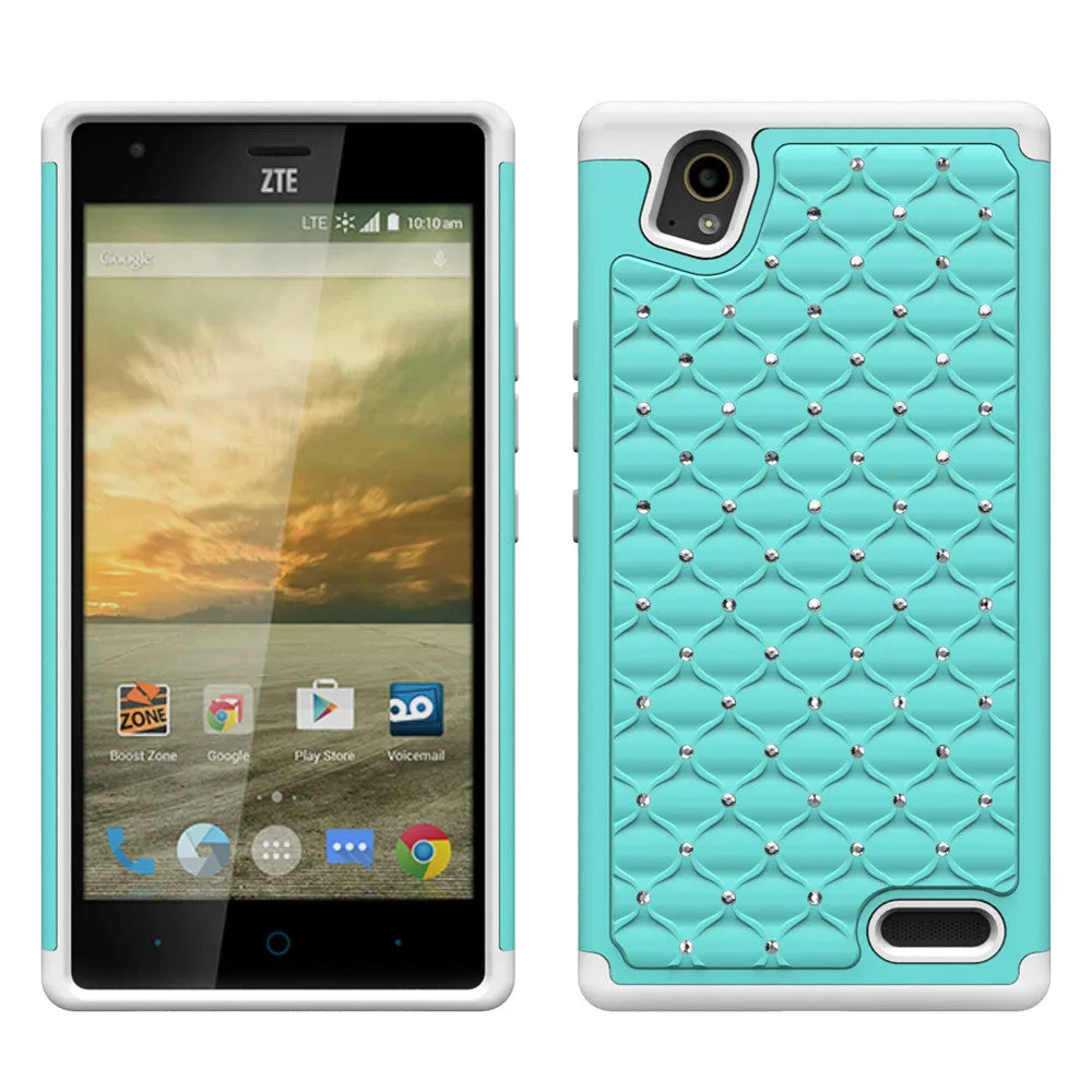 ZTE Warp Elite | ZTE N9158 Rhinestone Case , Slim Hybrid Dual Layer[Shock Resistant] Crystal Rhinestone Studded Case Cover - Baby Teal/White